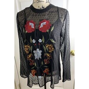 Grace Elements Blouse Womens Small Black Sheer Swiss Dot Embroidered Floral Boho